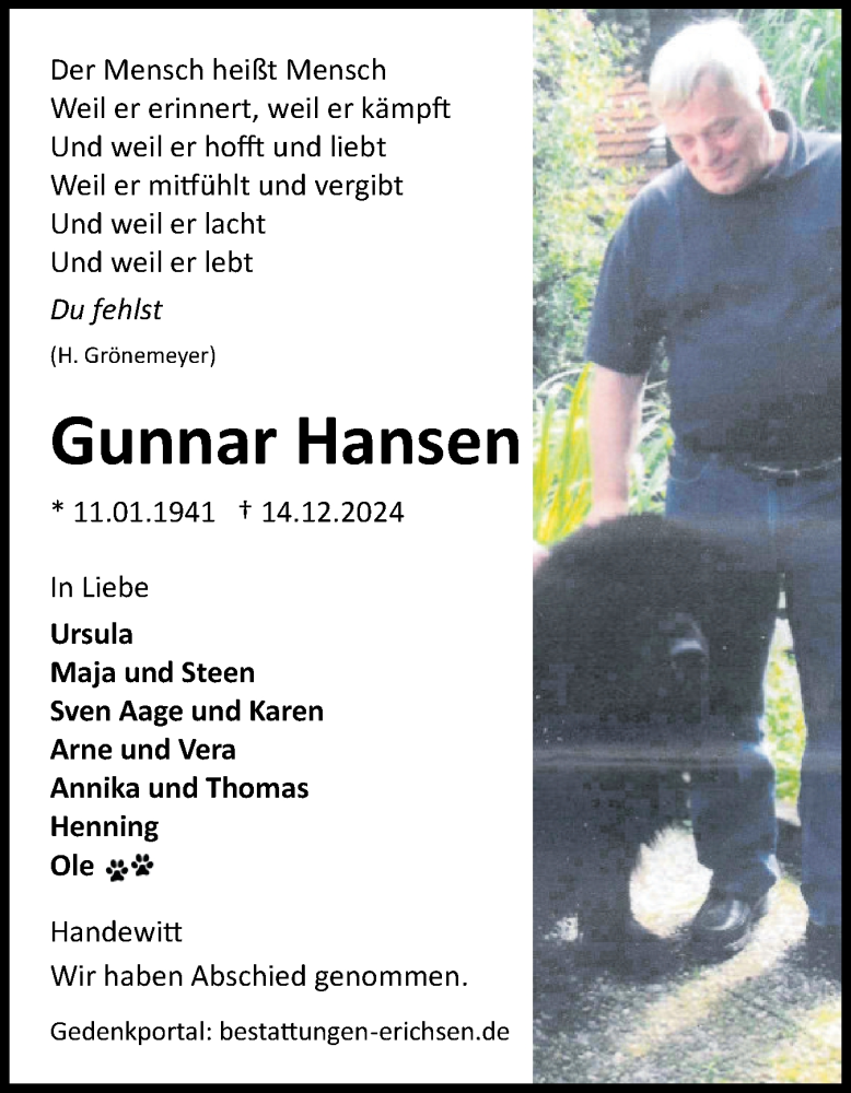  Traueranzeige für Gunnar Hansen vom 11.01.2025 aus Flensburger Tageblatt