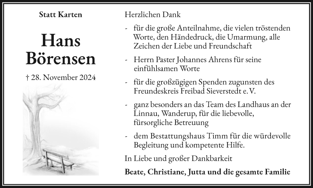  Traueranzeige für Hans Börensen vom 28.12.2024 aus Flensburger Tageblatt, Schleswiger Nachrichten, Schlei-Bote