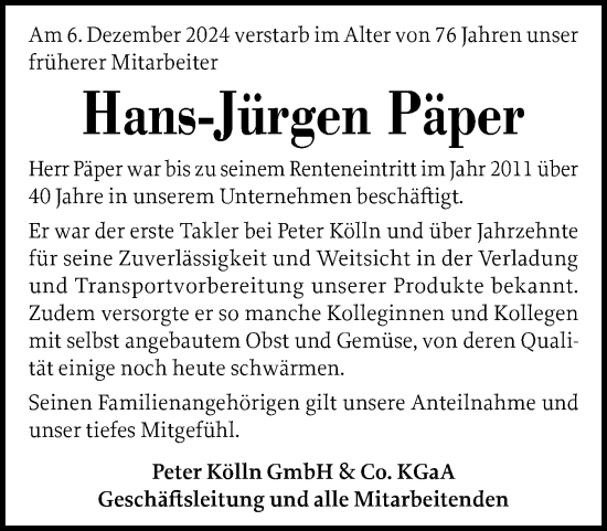 Traueranzeige von Hans-Jürgen Päper von Elmshorner Nachrichten, Barmstedter Zeitung