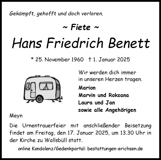 Traueranzeige von Hans Friedrich Benett von Flensburger Tageblatt