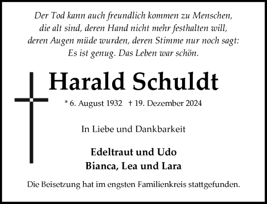 Traueranzeige von Harald Schuldt von MARKT Bad Oldesloe/Reinfeld und Stormarner Tageblatt
