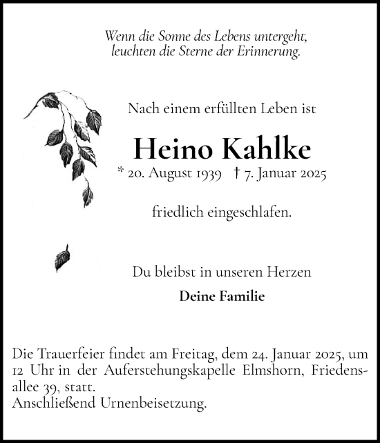 Traueranzeige von Heino Kahlke von Elmshorner Nachrichten, Barmstedter Zeitung
