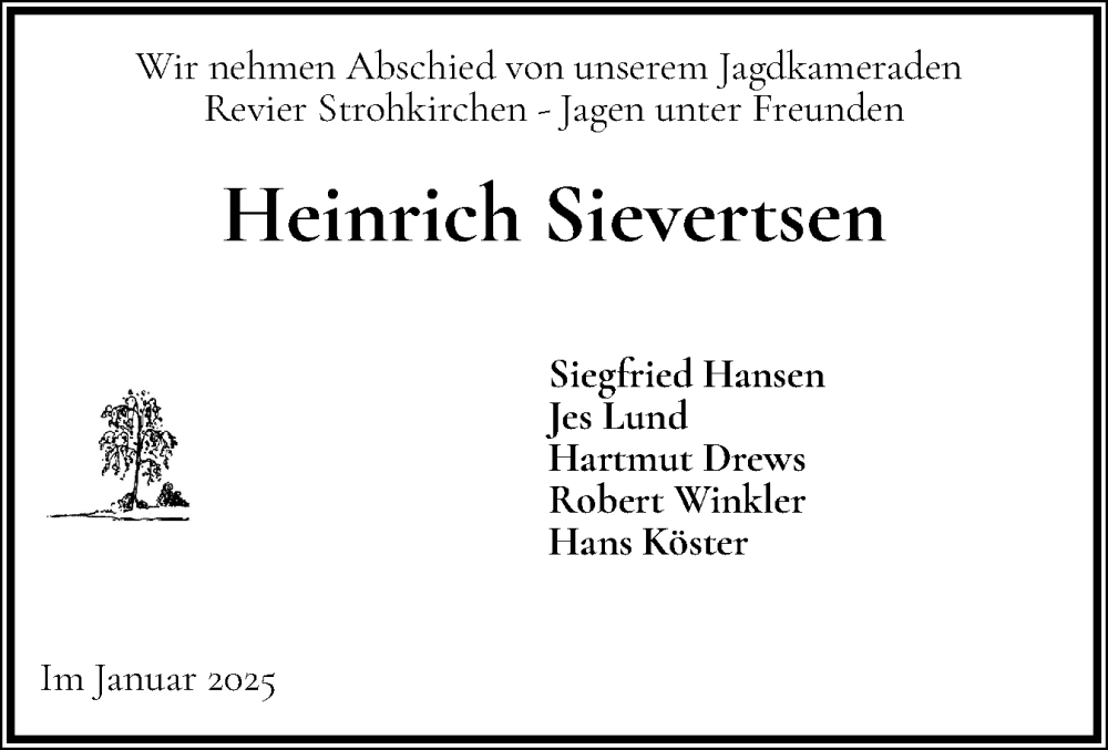  Traueranzeige für Heinrich Sievertsen vom 25.01.2025 aus Flensburger Tageblatt
