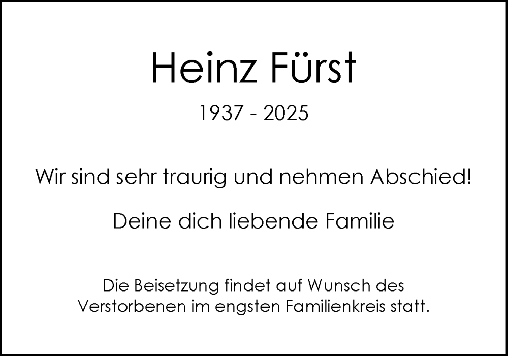  Traueranzeige für Heinz Fürst vom 11.01.2025 aus Schleswig-Holsteinische Landeszeitung