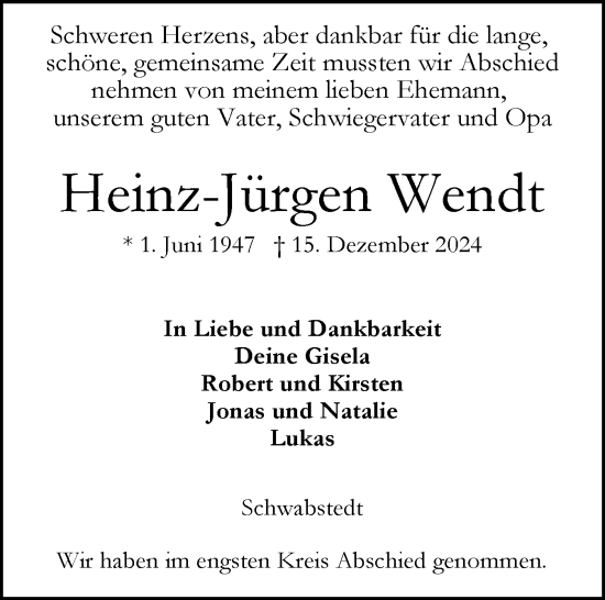Traueranzeige von Heinz-Jürgen Wendt von Husumer Nachrichten, Nordfriesland Tageblatt