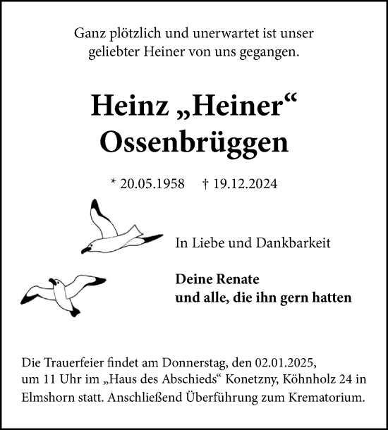 Traueranzeige von Heinz Ossenbrüggen von Elmshorner Nachrichten, Barmstedter Zeitung