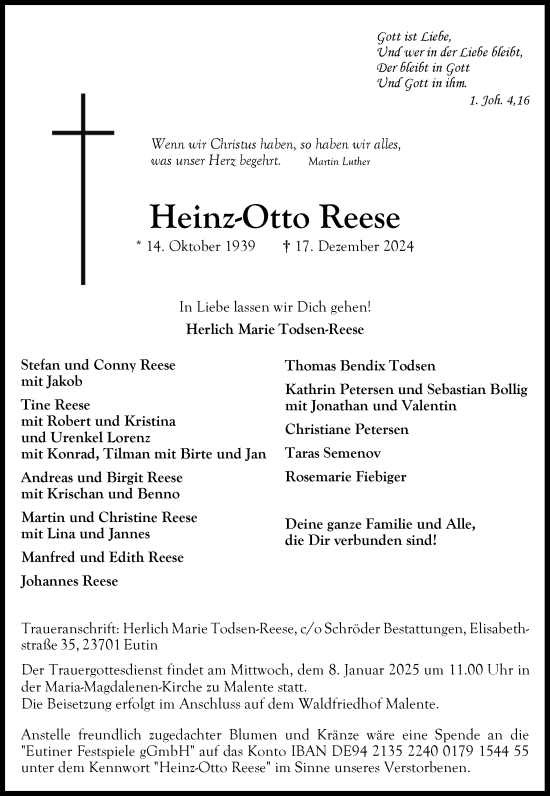 Traueranzeige von Heinz-Otto Reese von Norddeutsche Rundschau, Wilstersche Zeitung, Glückstädter Fortuna