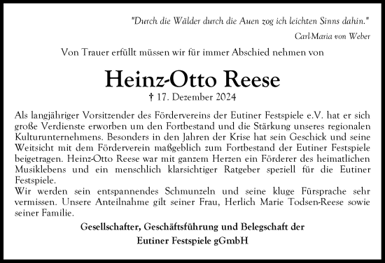 Traueranzeige von Heinz-Otto Reese von Ostholsteiner Anzeiger