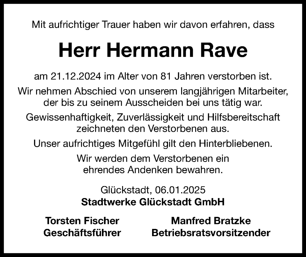  Traueranzeige für Hermann Rave vom 11.01.2025 aus Norddeutsche Rundschau, Wilstersche Zeitung, Glückstädter Fortuna