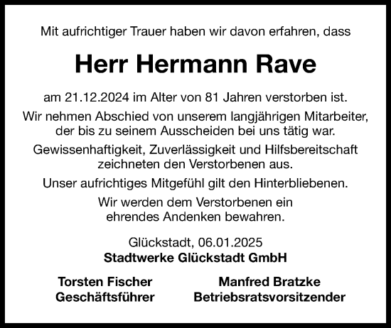 Traueranzeige von Hermann Rave von Norddeutsche Rundschau, Wilstersche Zeitung, Glückstädter Fortuna