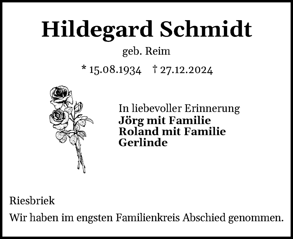  Traueranzeige für Hildegard Schmidt vom 25.01.2025 aus Husumer Nachrichten, Nordfriesland Tageblatt