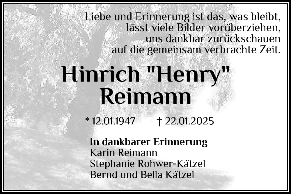  Traueranzeige für Hinrich Reimann vom 29.01.2025 aus Holsteinischer Courier