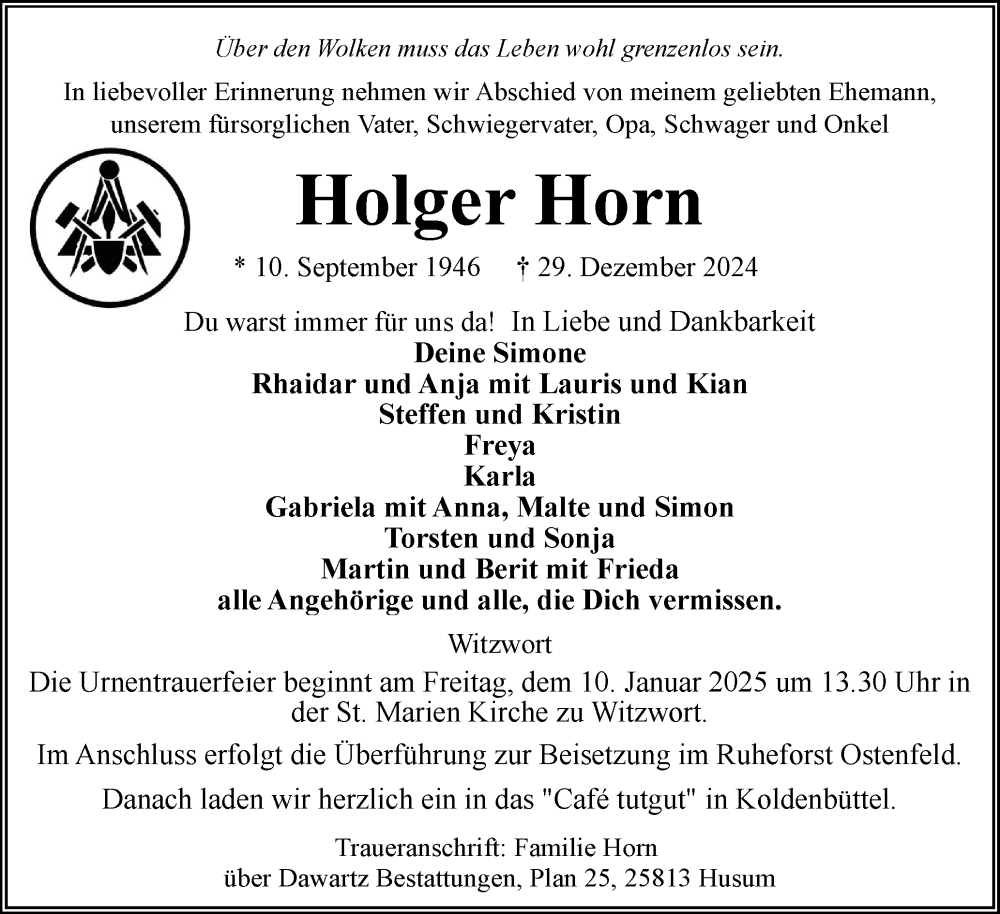  Traueranzeige für Holger Horn vom 04.01.2025 aus Husumer Nachrichten, Nordfriesland Tageblatt