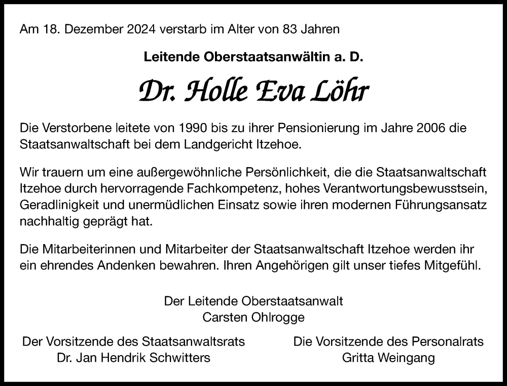  Traueranzeige für Holle Eva Löhr vom 15.01.2025 aus Norddeutsche Rundschau, Wilstersche Zeitung, Glückstädter Fortuna