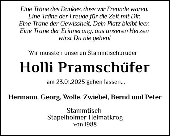 Traueranzeige von Holli Pramschüfer von Husumer Nachrichten, Nordfriesland Tageblatt