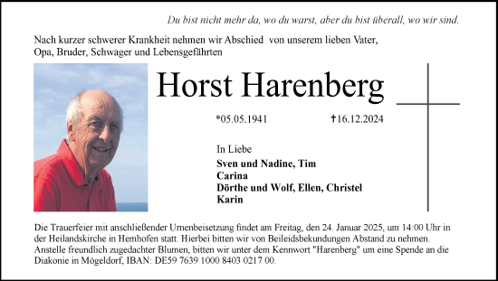 Traueranzeige von Horst Harenberg von Flensburger Tageblatt
