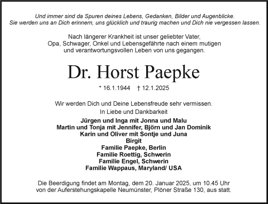 Traueranzeige von Horst Paepke von Holsteinischer Courier
