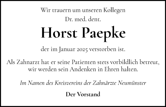 Traueranzeige von Horst Paepke von Holsteinischer Courier