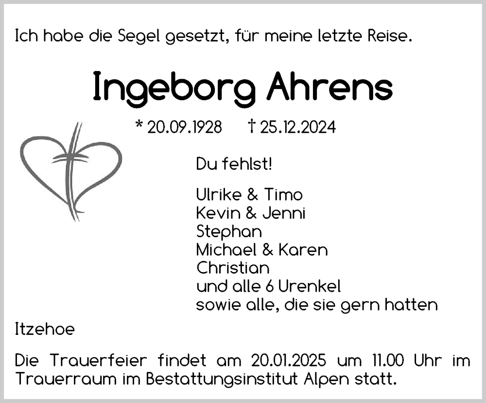  Traueranzeige für Ingeborg Ahrens vom 11.01.2025 aus Norddeutsche Rundschau, Wilstersche Zeitung, Glückstädter Fortuna