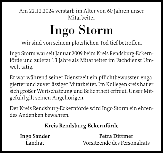 Traueranzeige von Ingo Storm von Schleswig-Holsteinische Landeszeitung