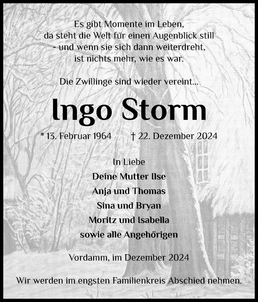  Traueranzeige für Ingo Storm vom 28.12.2024 aus Schleswig-Holsteinische Landeszeitung