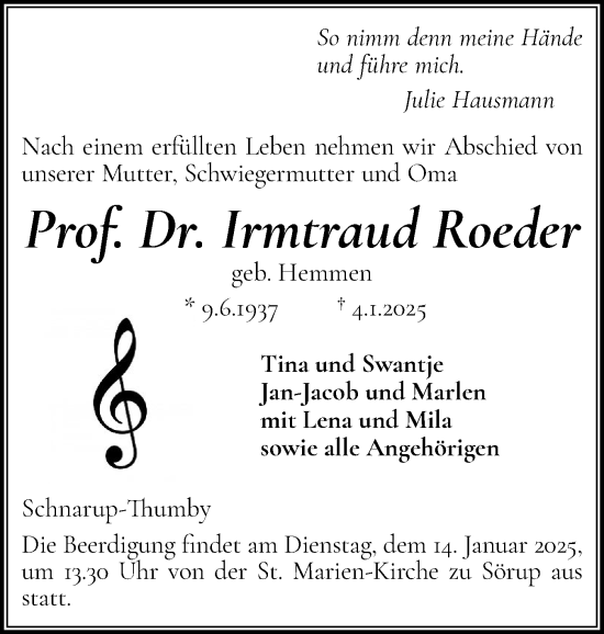 Traueranzeige von Irmtraud Roeder von Flensburger Tageblatt, Schleswiger Nachrichten, Schlei-Bote
