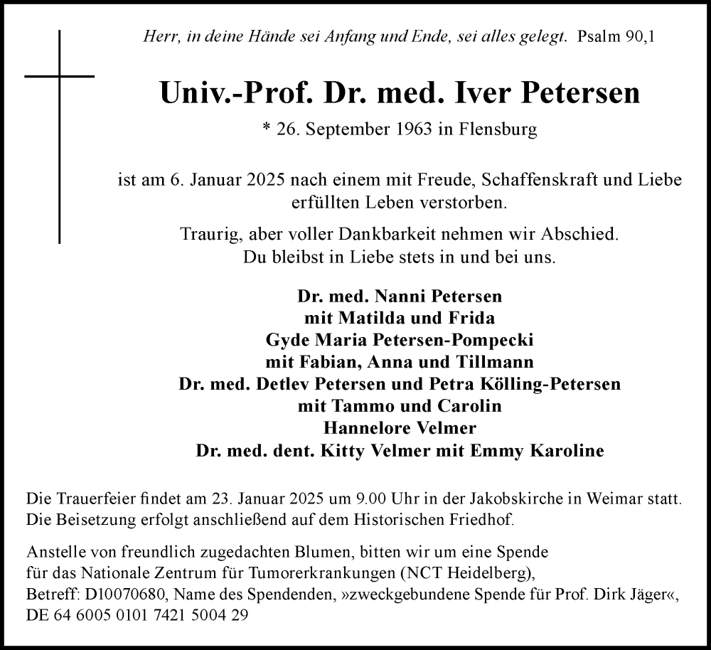  Traueranzeige für Iver Petersen vom 11.01.2025 aus Flensburger Tageblatt