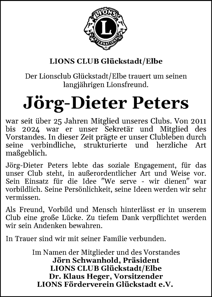  Traueranzeige für Jörg-Dieter Peters vom 25.01.2025 aus Norddeutsche Rundschau, Wilstersche Zeitung, Glückstädter Fortuna