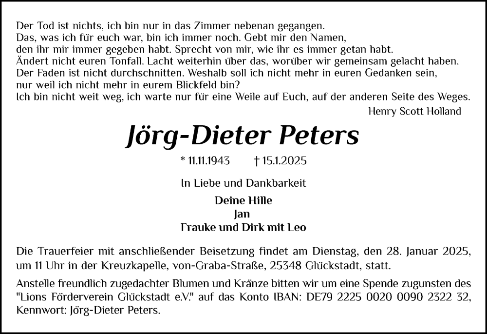  Traueranzeige für Jörg-Dieter Peters vom 25.01.2025 aus Norddeutsche Rundschau, Wilstersche Zeitung, Glückstädter Fortuna