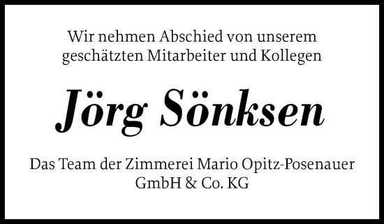 Traueranzeige von Jörg Sönksen von Husumer Nachrichten, Nordfriesland Tageblatt