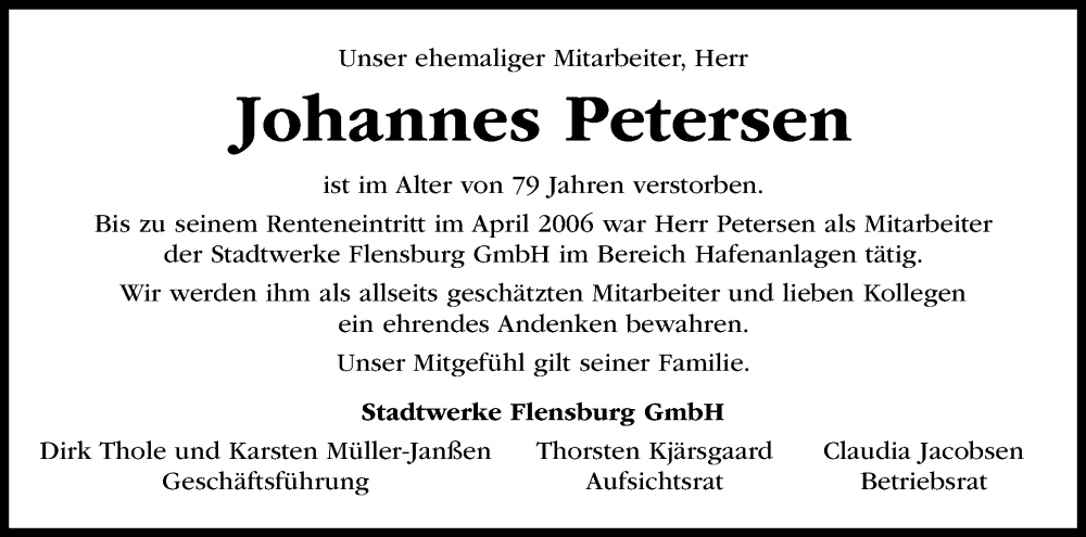  Traueranzeige für Johannes Petersen vom 11.01.2025 aus Flensburger Tageblatt