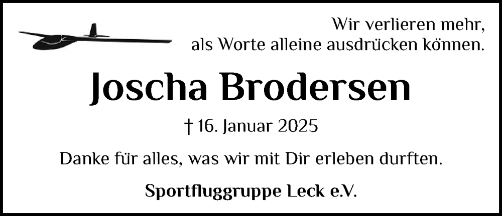  Traueranzeige für Joscha Brodersen vom 31.01.2025 aus Husumer Nachrichten, Nordfriesland Tageblatt