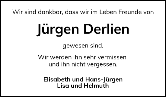 Traueranzeige von Jürgen Derlien von Schleswig-Holsteinische Landeszeitung