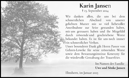 Traueranzeige von Karin Jansen von Elmshorner Nachrichten, Barmstedter Zeitung