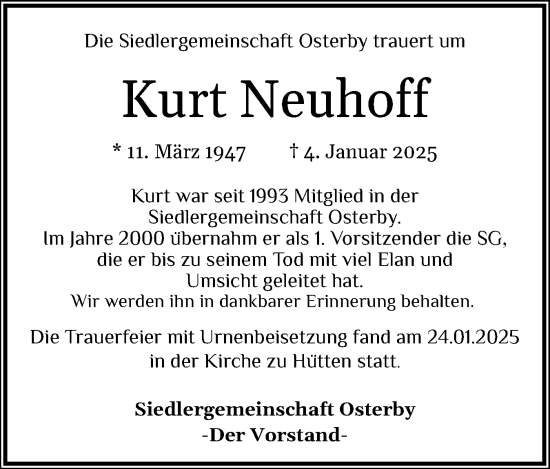 Traueranzeige von Kurt Neuhoff von Eckernförder Zeitung