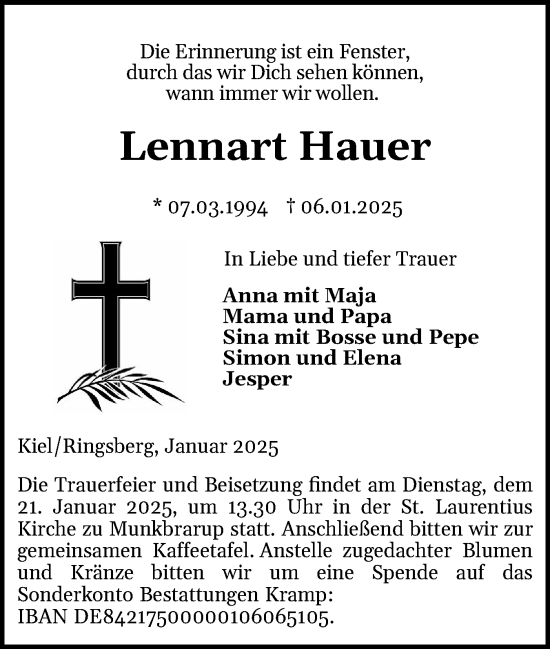 Traueranzeige von Lennart Hauer von Flensburger Tageblatt