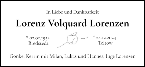 Traueranzeige von Lorenz Volquard Lorenzen von Flensburger Tageblatt
