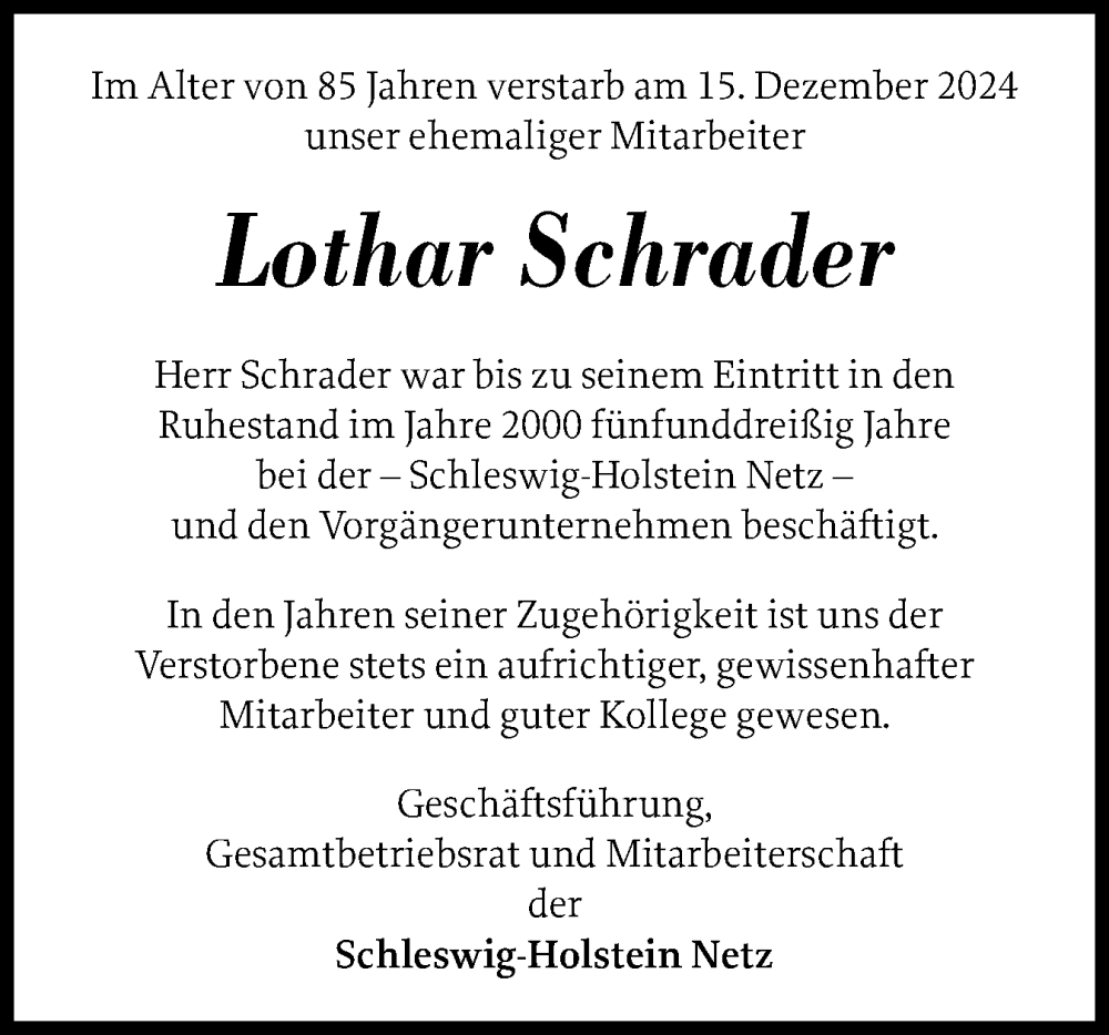  Traueranzeige für Lothar Schrader vom 11.01.2025 aus Schleswig-Holsteinische Landeszeitung