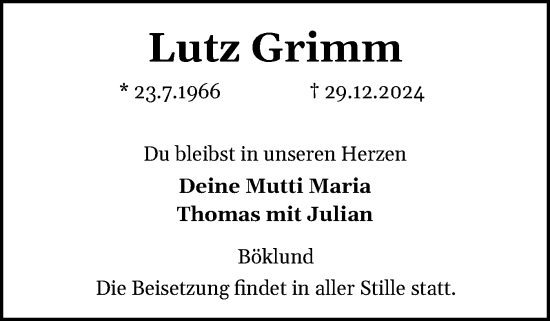 Traueranzeige von Lutz Grimm von Schleswiger Nachrichten, Schlei-Bote