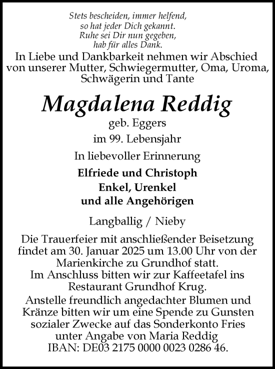 Traueranzeige von Magdalena Reddig von Flensburger Tageblatt