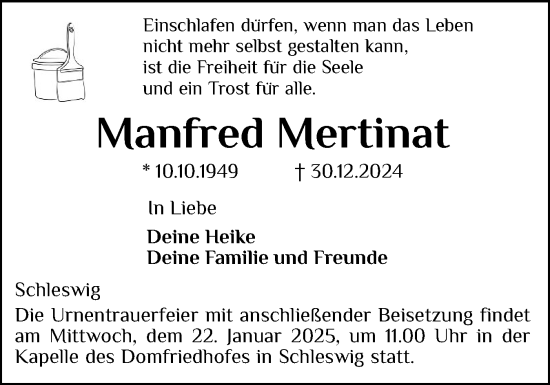 Traueranzeige von Manfred Mertinat von Schleswiger Nachrichten, Schlei-Bote