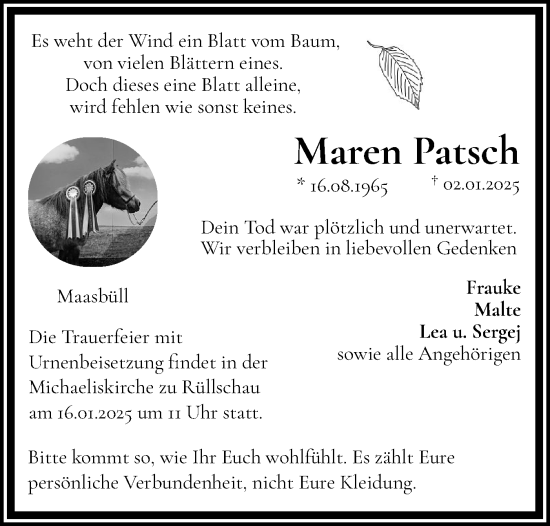 Traueranzeige von Maren Patsch von Flensburger Tageblatt