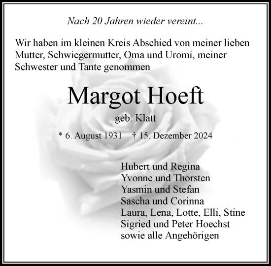Traueranzeige von Margot Hoeft von MARKT Bad Oldesloe/Reinfeld und Stormarner Tageblatt