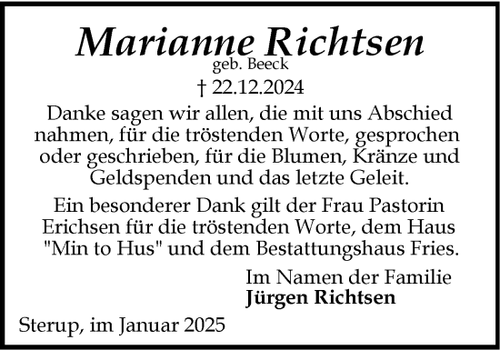 Traueranzeige von Marianne Richtsen von Flensburger Tageblatt