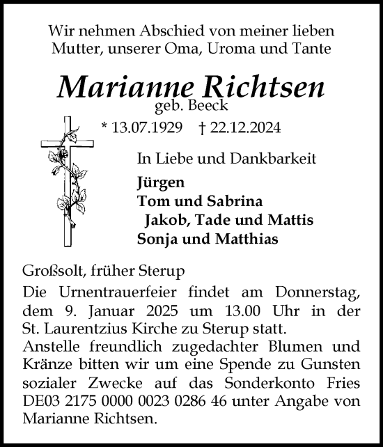 Traueranzeige von Marianne Richtsen von Flensburger Tageblatt