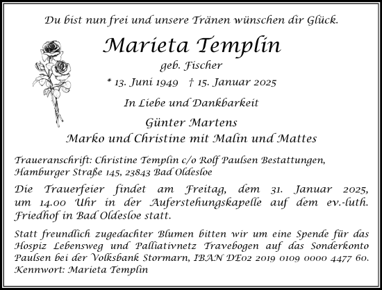 Traueranzeige von Marieta Templin von MARKT Bad Oldesloe/Reinfeld und Stormarner Tageblatt