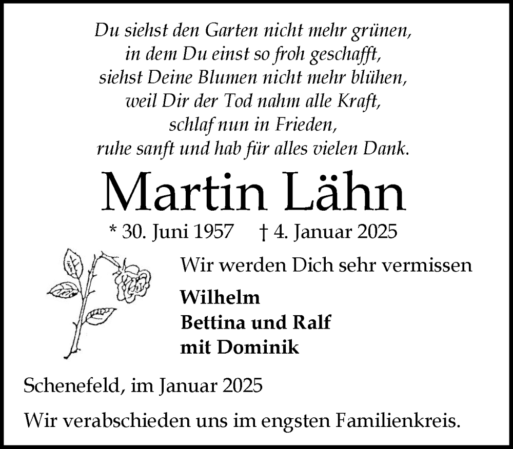  Traueranzeige für Martin Lähn vom 11.01.2025 aus Norddeutsche Rundschau, Wilstersche Zeitung, Glückstädter Fortuna