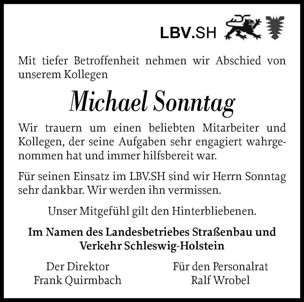 Traueranzeige für Michael Sonntag vom 11.01.2025 aus Holsteinischer Courier