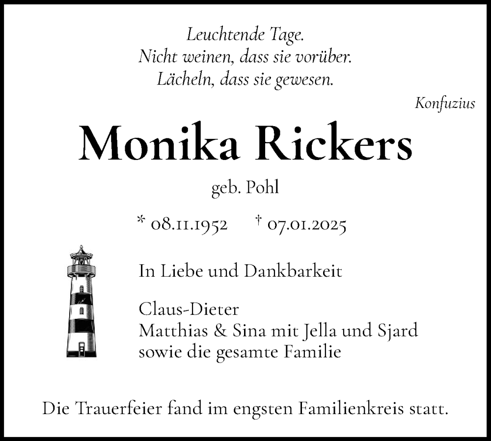 Traueranzeige für Monika Rickers vom 25.01.2025 aus Norddeutsche Rundschau, Wilstersche Zeitung, Glückstädter Fortuna
