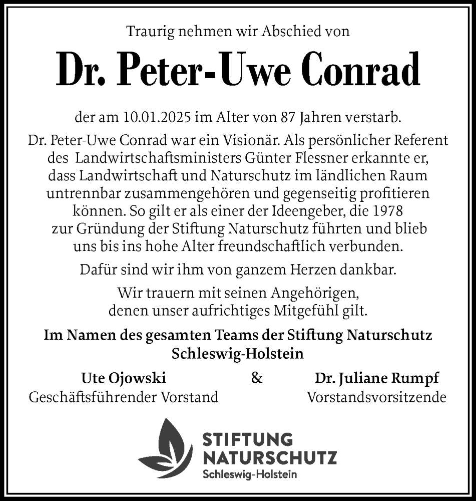  Traueranzeige für Peter-Uwe Conrad vom 25.01.2025 aus Region Flensburg